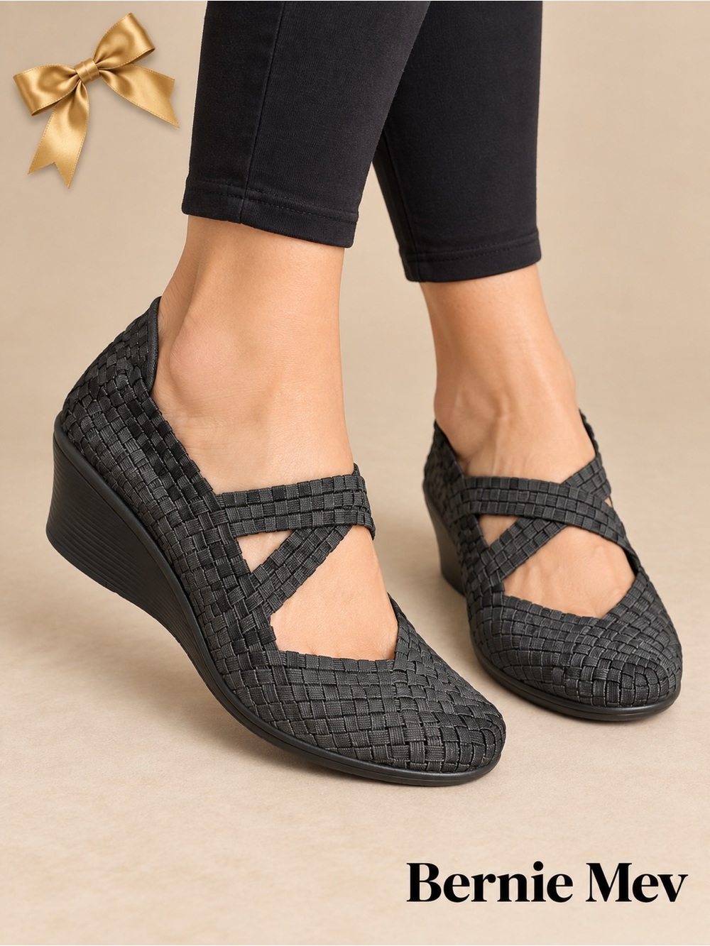 Bernie Mev Woven Wedge Shoes Criss Cross Strap Size 10 Black